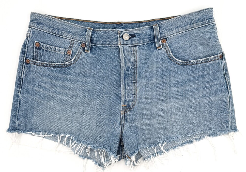 Levis 501 Shorts Womens 32 Blue Denim Button Cutoff High Rise Medium Wash